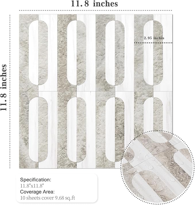 STICKGOO Peel and Stick Backsplash Tiles 12"x12", Waterproof Stick on Kitchen & Bathroom Backsplash, PVC Self Adhesive Wall Tiles for Fireplace, White/Beige Slate (10 Sheets)