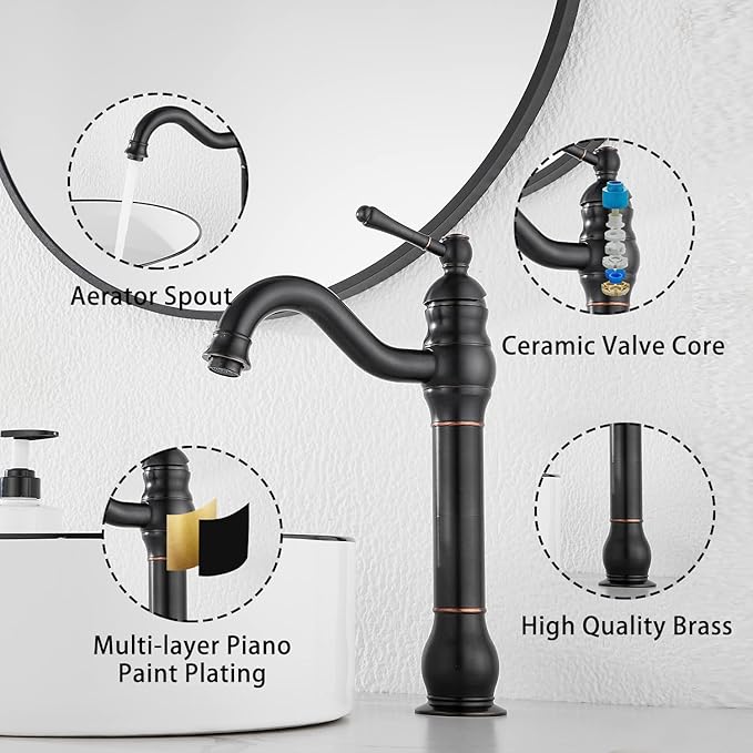 GGStudy 360° Swivel Single Handle One Hole Bathroom Vessel Sink Faucet Matching Pop Up Drain Without Overflow Oil Rubbed Bronze