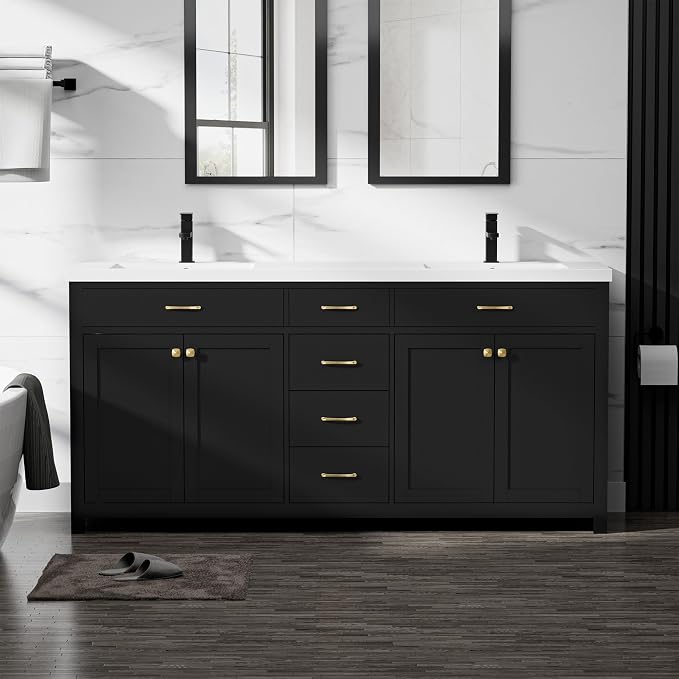 LUCKWIND 72" Modern Bathroom Vanity with Sink Combo, Contemporary Painted Storage Cabinet and Double White Sink, Include Soft-Closing Doors & Matte Black Faucet, Black