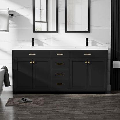 LUCKWIND 72" Modern Bathroom Vanity with Sink Combo, Contemporary Painted Storage Cabinet and Double White Sink, Include Soft-Closing Doors & Matte Black Faucet, Black