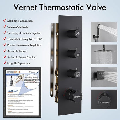 Shower System with Body Jets, 16 inch Ceiling Rainfall Showe Jets System with Handheld Multiple Shower Head System(Can All Run One Time) Thermostatic Shower System with Valve and Trim