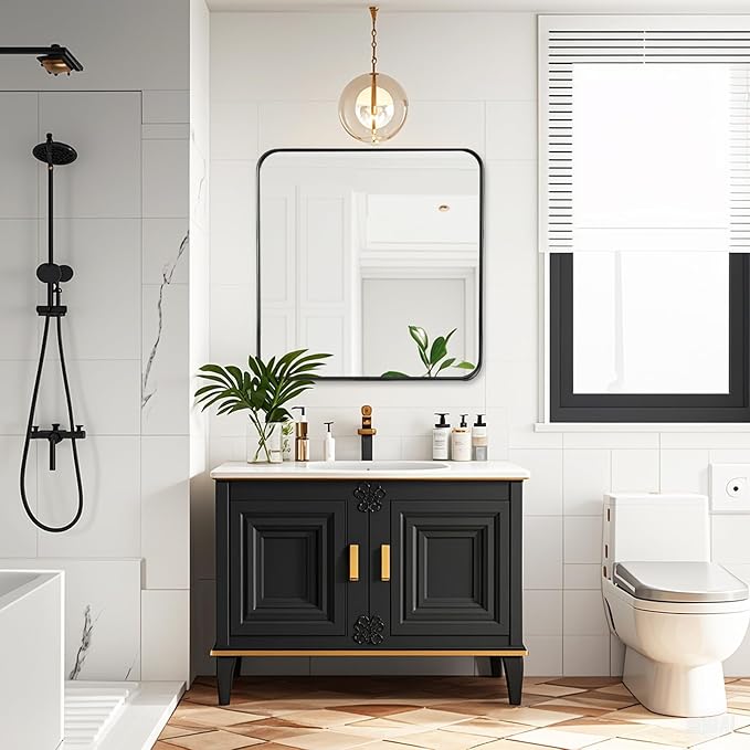 Fabuday Black Sink Mirror for Bathroom - 28x28 Inch Square Framed Black Mirrors for Over Sink, Black Vanity Matte Mirrors with Brushed Frame for Bedroom, Restroom, Farmhouse, Entryway Decor