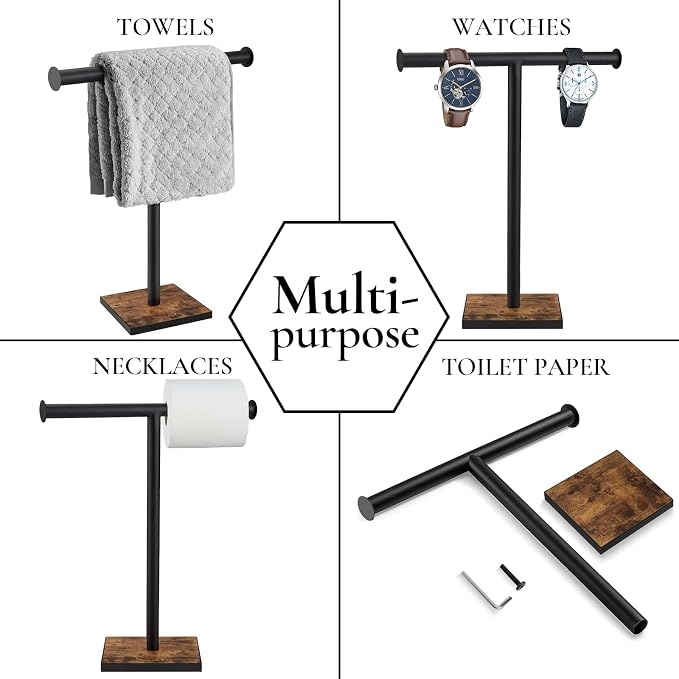 Countertop Hand Towel Holder, T-Shape Hand Towel Stand for Kitchen | Bathroom Hand Towel Rack with Weighted Base, Farmhouse Style, Free Standing, Rustic Black Brown
