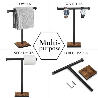 Countertop Hand Towel Holder, T-Shape Hand Towel Stand for Kitchen | Bathroom Hand Towel Rack with Weighted Base, Farmhouse Style, Free Standing, Rustic Black Brown