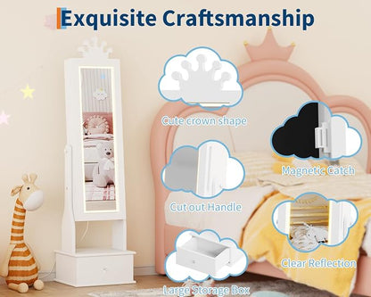GarveeHome Kids Jewelry Armoire,Child Jewelry Cabinet with Light,Freestanding Jewelry Organizer with Full Length Mirror,3 Storage Drawer,Kids Vanity Dress Up Mirror Jewelry Cabinet for Girls(White)