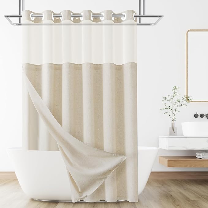 Jowels No Hooks Natural Linen Fabric Shower Curtains for Bathroom 75 Inches | Linen Shower Curtains for Bathroom,Weighted Waterproof Washable Cloth with Liner Set,Mesh Top Window,Hotel Boho Luxury Decor