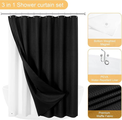 3 in 1 Black Shower Curtain with PEVA Liner, 12 Hooks, 72x72 | Luxury Weighted Fabric Shower Curtain Set, 12 Stainless Steel Double-Sided Hooks, Water Repellent, Bathroom Decor
