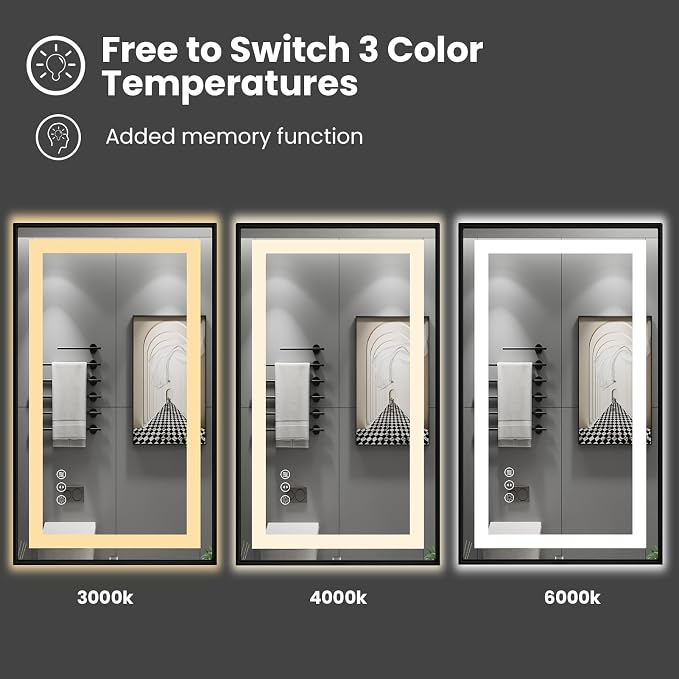 36"X36" LED Bathroom Mirror with Black Frame, Front Lit and Backlit | Metal Framed Mirror, Stepless Dimmable, HD Reflection, Anti-Fog, Shatter-Proof, Memory, 3 Colors Lighting, UL Listed.