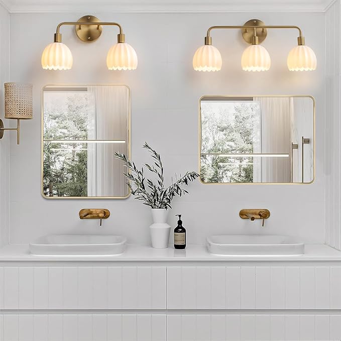 Brushed Gold 3-Light Vanlity Light Over Mirror,Wall Sconces,Gold Brass Bathroom Light Fixture with White Glass Flower Shade,E26 Socket(Bulbs Not Included)