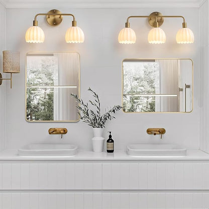Brushed Gold 3-Light Vanlity Light Over Mirror,Wall Sconces,Gold Brass Bathroom Light Fixture with White Glass Flower Shade,E26 Socket(Bulbs Not Included)