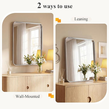 Sweetcrispy Bathroom Mirror 32x28 Inch, Vanity Mirror for Wall | Metal Framed Rounded Rectangle, Over Sink, Farmhouse, Restroom, Anti-Rust, Horizontal or Vertical Hanging, Silver