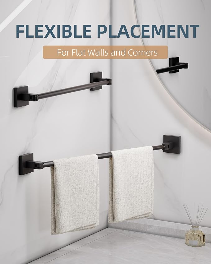 RUACQ Adjustable Towel Bar, Adhesive or Drill Wall Mount Towel Rack, Black | Adjust 15.8 to 26 Inch Towel Racks for Bathroom, 304 Stainless Steel Bath Towel Holder, Rustproof, Square Base, Heavy Duty