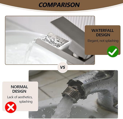 Tall Bathroom Faucet, Brushed Nickel Waterfall Bathroom Faucets for 1 Hole, Single Handle Lavatory Bathroom Vessel Sink Faucet with Hoses and Pop-up Drain KMBF015L-1