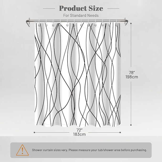 Striped Shower Curtain for Bathroom, White Black, 72" W x 78" L | with Hooks, Modern Hotel Style, Water Repellent, Washable, Weighted Hem
