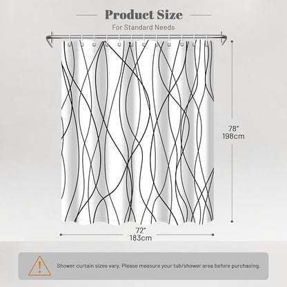 Striped Shower Curtain for Bathroom, White Black, 72" W x 78" L | with Hooks, Modern Hotel Style, Water Repellent, Washable, Weighted Hem