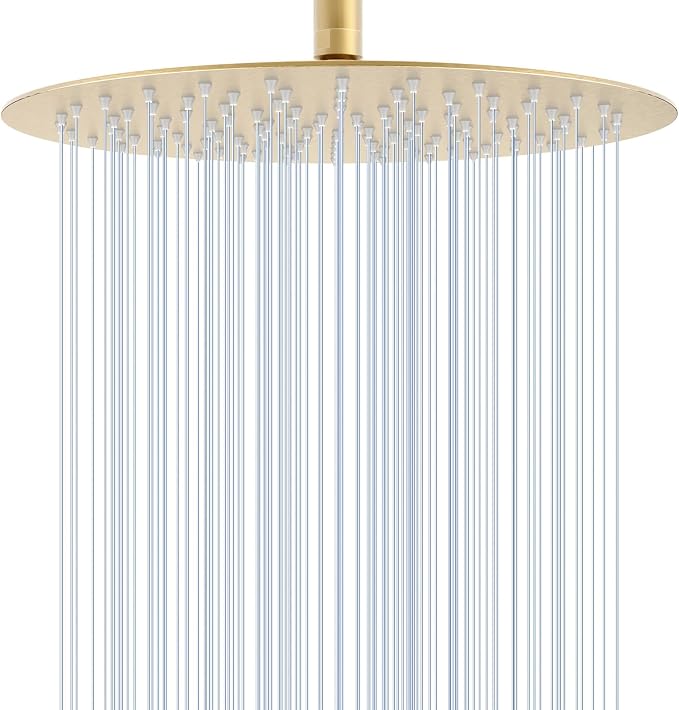 12 inch Brushed Gold Rainfall Shower Head - All Metal Stainless Steel Full Body Round Rain Shower with 120 Silicone Nozzles Modern Bathroom