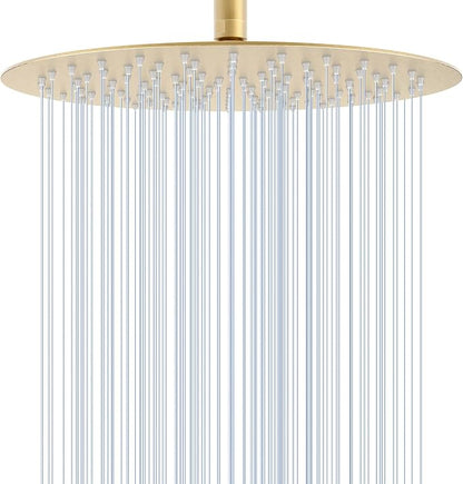 12 inch Brushed Gold Rainfall Shower Head - All Metal Stainless Steel Full Body Round Rain Shower with 120 Silicone Nozzles Modern Bathroom