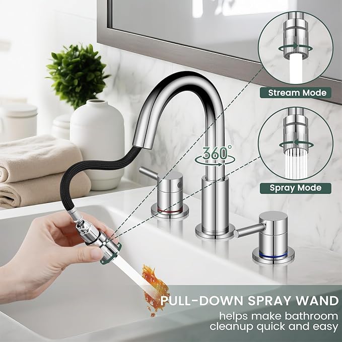 Pull Down Bathroom Faucet for Sink 3 Hole,8 inch Widespread Chrome Bathroom Sink Faucet with Pop Up Drain, Water Supply Hoses