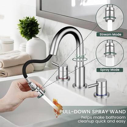 Pull Down Bathroom Faucet for Sink 3 Hole,8 inch Widespread Chrome Bathroom Sink Faucet with Pop Up Drain, Water Supply Hoses