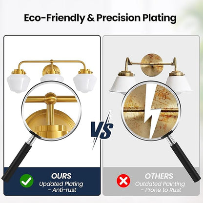 Bathroom Vanity Light Fixtures: 3-Lights Gold Vanity Lights Over Mirror, 17 Inch E26 60W Modern Bathroom Lighting Fixture with Milky White Glass for Bath Restroom