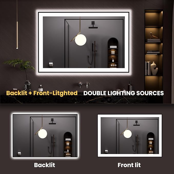 LOAAO 48"X32" LED Bathroom Mirror Black Framed | Anti-Fog, Dimmable, Memory Function, Tempered Glass, Lighted Vanity Mirror for Wall