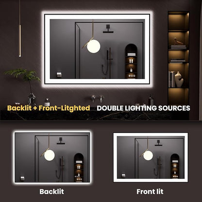 LOAAO 48"X32" LED Bathroom Mirror Black Framed | Anti-Fog, Dimmable, Memory Function, Tempered Glass, Lighted Vanity Mirror for Wall