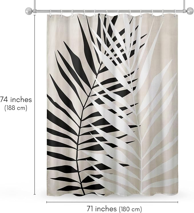 Americanflat 71x74 Botanical Shower Curtain - Water-Resistant Long Shower Curtain with Durable Metal Grommets and 12 Hooks - 100% Polyester - Black, White, and Beige