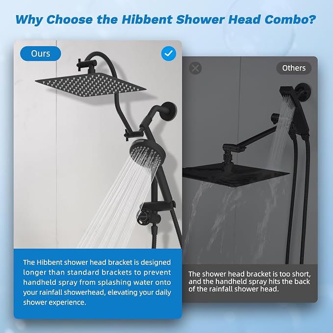 Hibbent High Pressue All Metal 10" Rainfall Shower Head, Handheld 10-Spray | cUPC Certified Matte Black Dual Showerhead Combo, 4-way Diverter with Pause Mode, Brass Extension Arm, 71'' Hose & Holder