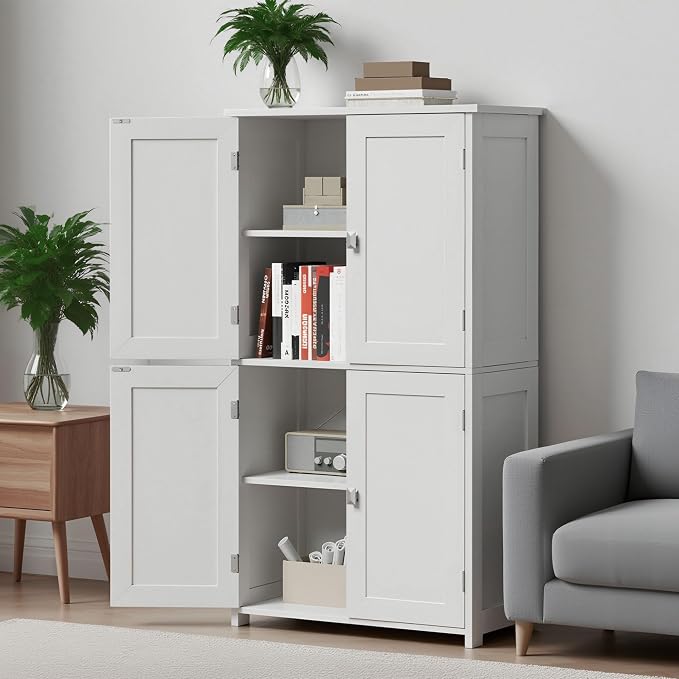 Bathroom Cabinet with Adjustable Shelf Freestanding Storage Cabinet with 2 Doors Wooden Organizer Floor for Bathroom Kitchen and Living Room (White, 4 Doors)