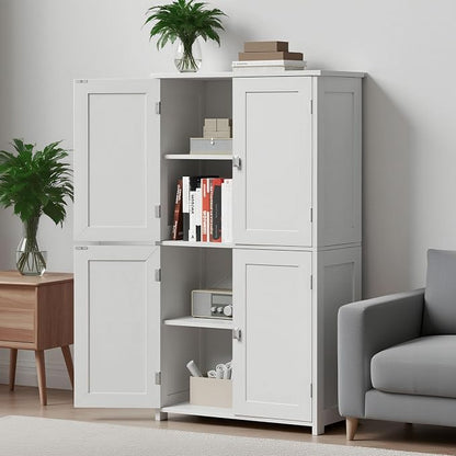 Bathroom Cabinet with Adjustable Shelf Freestanding Storage Cabinet with 2 Doors Wooden Organizer Floor for Bathroom Kitchen and Living Room (White, 4 Doors)