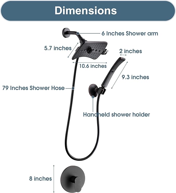 BRIGHT SHOWERS Dual Shower Head System with Handheld and Rainfall Shower, Shower Faucet Set with Valve and Trim Kit, Includes 79-Inch Stainless Steel Hose, Oil-Rubbed Bronze
