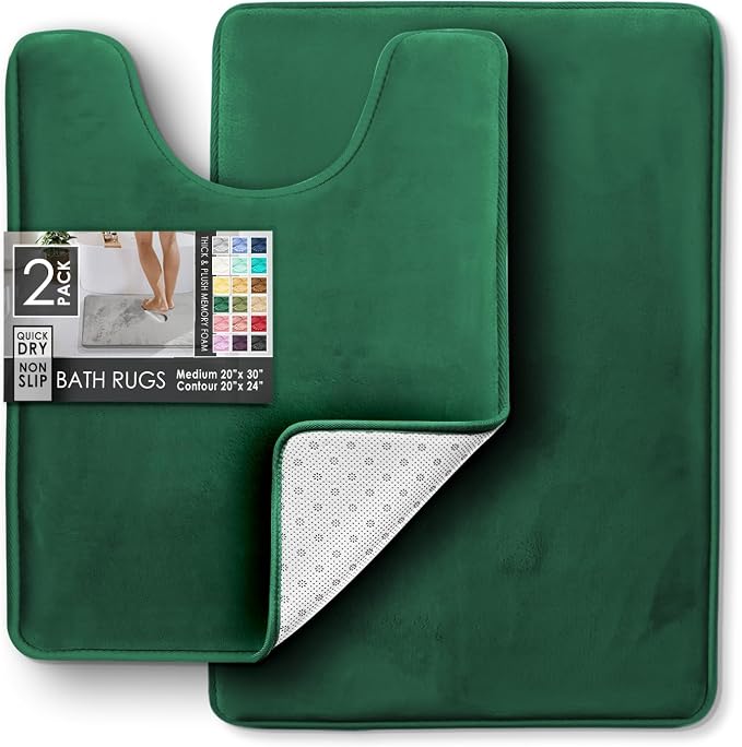 Clara Clark 2 Piece Bathroom Rugs, Velvet Memory Foam Bath Mat Set, Non-Slip Bath Rugs, Machine Wash, Dries Quickly, Ultra Soft Plush Bath Mats for Bathroom, 17 x 24 + Contour, Hunter Green