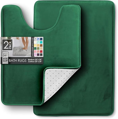 Clara Clark 2 Piece Bathroom Rugs, Velvet Memory Foam Bath Mat Set, Non-Slip Bath Rugs, Machine Wash, Dries Quickly, Ultra Soft Plush Bath Mats for Bathroom, 17 x 24 + Contour, Hunter Green