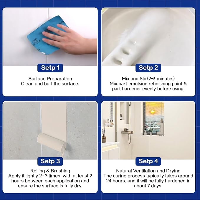 Tub and Tile Refinishing Kit with Tools, 35oz White Tile Paint Water Based & Low Odor, DIY Bathtub Paint, Easy to Use for Bathroom, Kitchen, Porcelain, Floor, Semi-Gloss White,50-60sq.ft