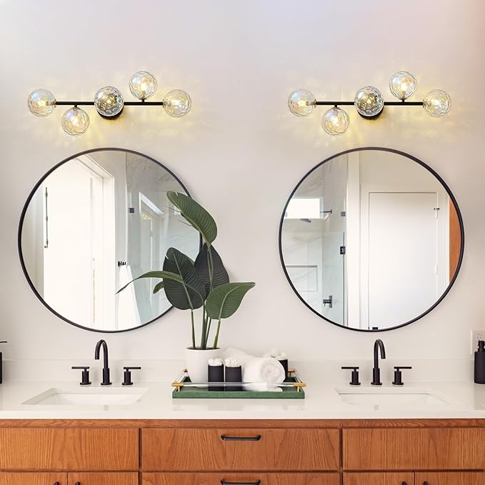 Black Bathroom Vanity Light Fixtures: Modern Wall Scones With Stained Glass Shades - Globe Makeup Lighting Fixture over Mirror - Brass Ball Powder Room Vanities Lights for Bathroom Bulbs not Included