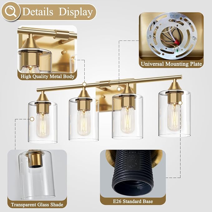 Brushed Gold Vanity Light,4 Light Gold Bathroom Light Fixtures,Bathroom Lights Over Mirror with Clear Glass Shade,Modern Wall Lighting for Mirror Bedroom Vanity Hallway