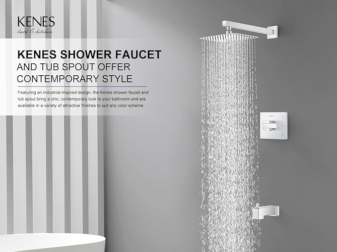 KENES Chrome Shower Set with Tub Faucet, Square Tub Shower Faucet Set | Shower Faucet with 10-Inch Rain Shower Head, Square Shower System, Valve Included, Lead-Free cUPC & NSF Certified, Stainless