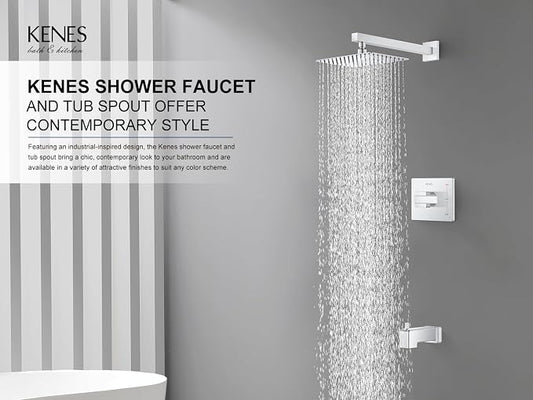KENES Chrome Shower Set with Tub Faucet, Square Tub Shower Faucet Set | Shower Faucet with 10-Inch Rain Shower Head, Square Shower System, Valve Included, Lead-Free cUPC & NSF Certified, Stainless