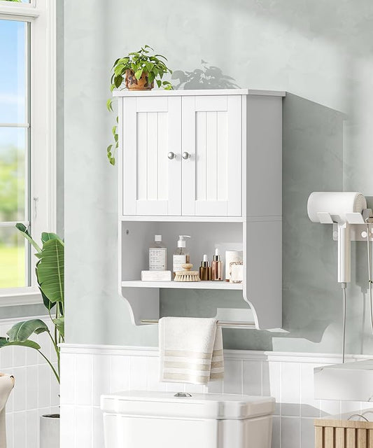 Small Bathroom Wall Cabinet with Towel Bar and Adjustable Shelf, Modern Medicine Cabinet with 2 Lined Doors, Wooden Over the Toilet Storage Cabinet for Kitchen, Living Room, Entryway, White