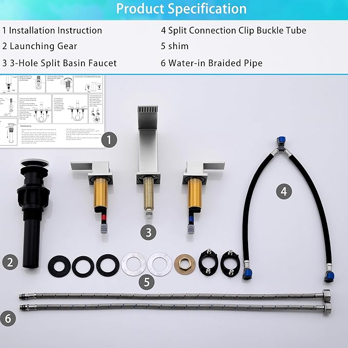 Waterfall Bathroom Faucets Brushed Nickel, 3 Hole Bathroom Sink Faucet, 8 inch Widespread Bathroom Sink Faucet with Pop Up Drain, 2 Handles Modern Vanity Faucet with Supply Lines