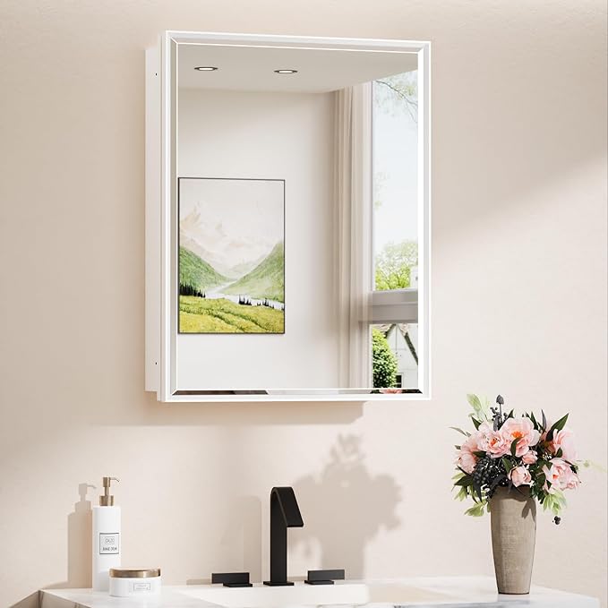 TokeShimi 20 x 26 Recessed Medicine Cabinet with Mirror Surface Mounted, Metal Beveled Mirror with Storage for Bathroom Vanity, Aluminum Alloy White Medicine Cabinet Mirrored