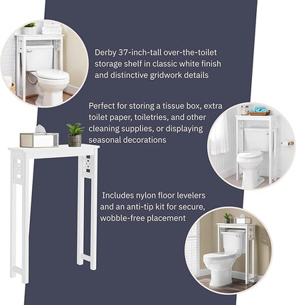 Derby Over-the-Toilet Storage Shelf – 37" Tall Bathroom Space Saver with Fixed Shelf & Open Gridwork Design – Modern Freestanding Organizer for Toiletries & Towels by Alaterre Furniture (White)