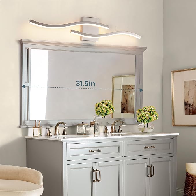 Brushed Nickel Curved 3000~6000K Bathroom Vanity Light Fixture Over Mirror, 31.5 inch Modern LED Wall Lamp 5CCT Dimmable Bathroom Light Fixture Modern Vanity Lighting