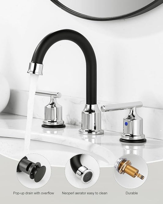 WOWOW Widespread Bathroom Sink Faucet 3 Hole Bathroom Faucet 8 Inch Lavatory Mixer Taps with Drain and Water Supply Lines, 3 Pieces Vanity Tap 2 Handle, Matte Black and Polished Chrome