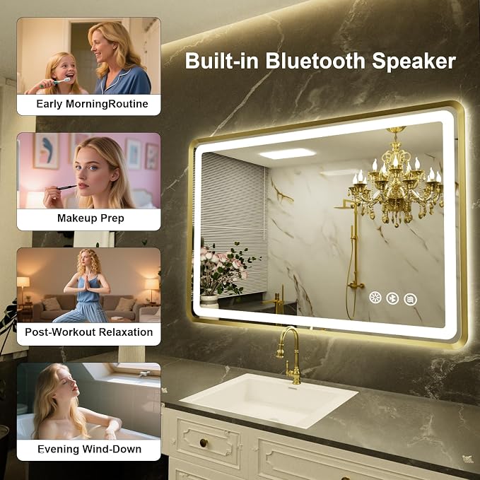 24''x36'' Gold Framed LED Bathroom Mirror with Lights, Built-in Bluetooth Speaker, Dimmable Lighted Bathroom Vanity Mirror with 3 Colors, Backlit + Frontlit, Memory Function, Anti-Fog