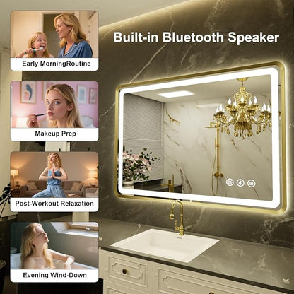 24''x36'' Gold Framed LED Bathroom Mirror with Lights, Built-in Bluetooth Speaker, Dimmable Lighted Bathroom Vanity Mirror with 3 Colors, Backlit + Frontlit, Memory Function, Anti-Fog