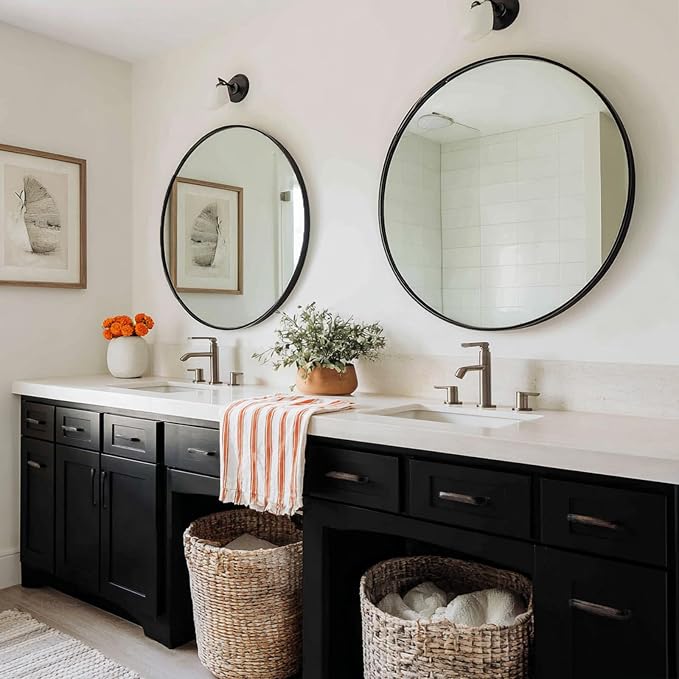 Round Mirror 24 inch, 2 Pack Circle Mirror, Matte Black Metal Frame | High Definition Mirror, Waterproof, Sturdy, Circle Mirror for Bathroom, Bedroom, Entryway, Living Room, Wall Décor