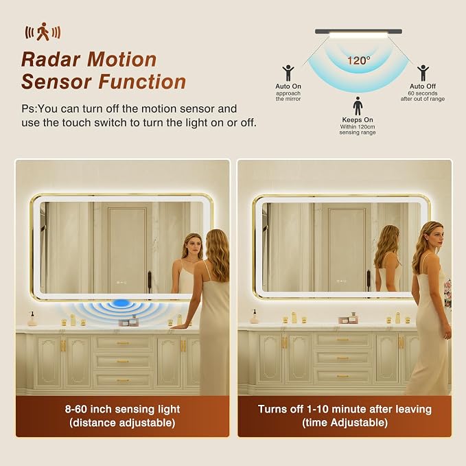 32x55 Inch Gold Framed LED Bathroom Mirror with Lights,Smart Bathroom Mirror,Motion Sensor,Tempered Glass,Anti-Fog,Stepless Dimmable & 3 Colors,Memory,Vanity Mirror for Wall
