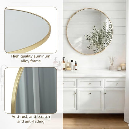 DUMOS 24 Inch Round Wall Mirror, Bathroom Mirrors for Over Sink | Matte Metal Framed Circle Mirror, Wall Decor for Bedroom, Entryway, Anti-Rust, Tempered Glass, Hanging or Leaning, Gold