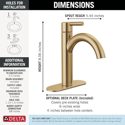 Delta Nicoli Brushed Gold Bathroom Faucet 1 Hole, Single Hole Bathroom Sink Faucet for Vanity, Push-Pop Drain Assembly, Champagne Bronze 15749LF-CZ